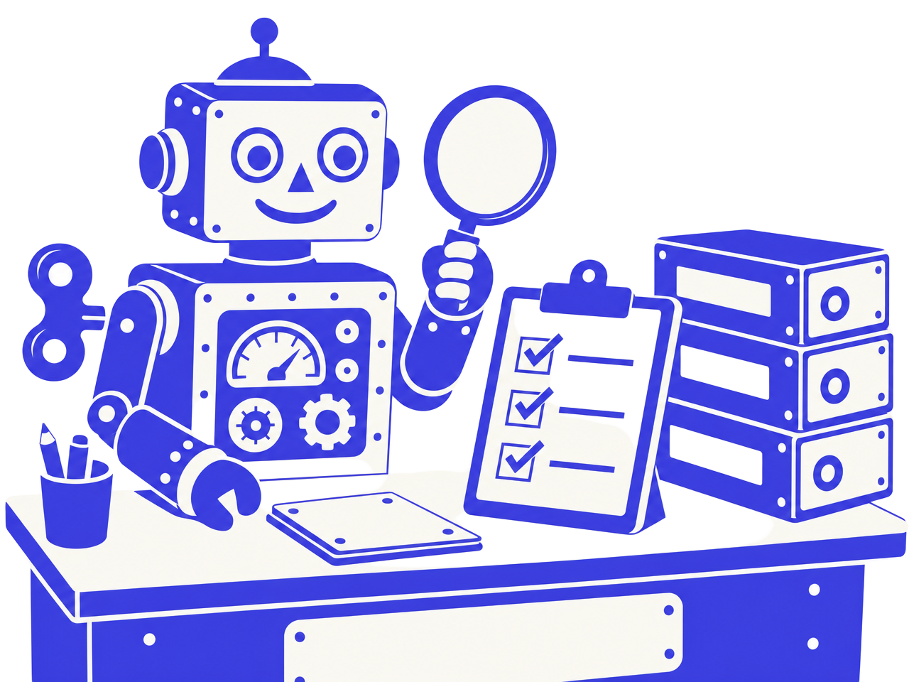 Illustration of a wind-up robot reviewing software boxes at a desk